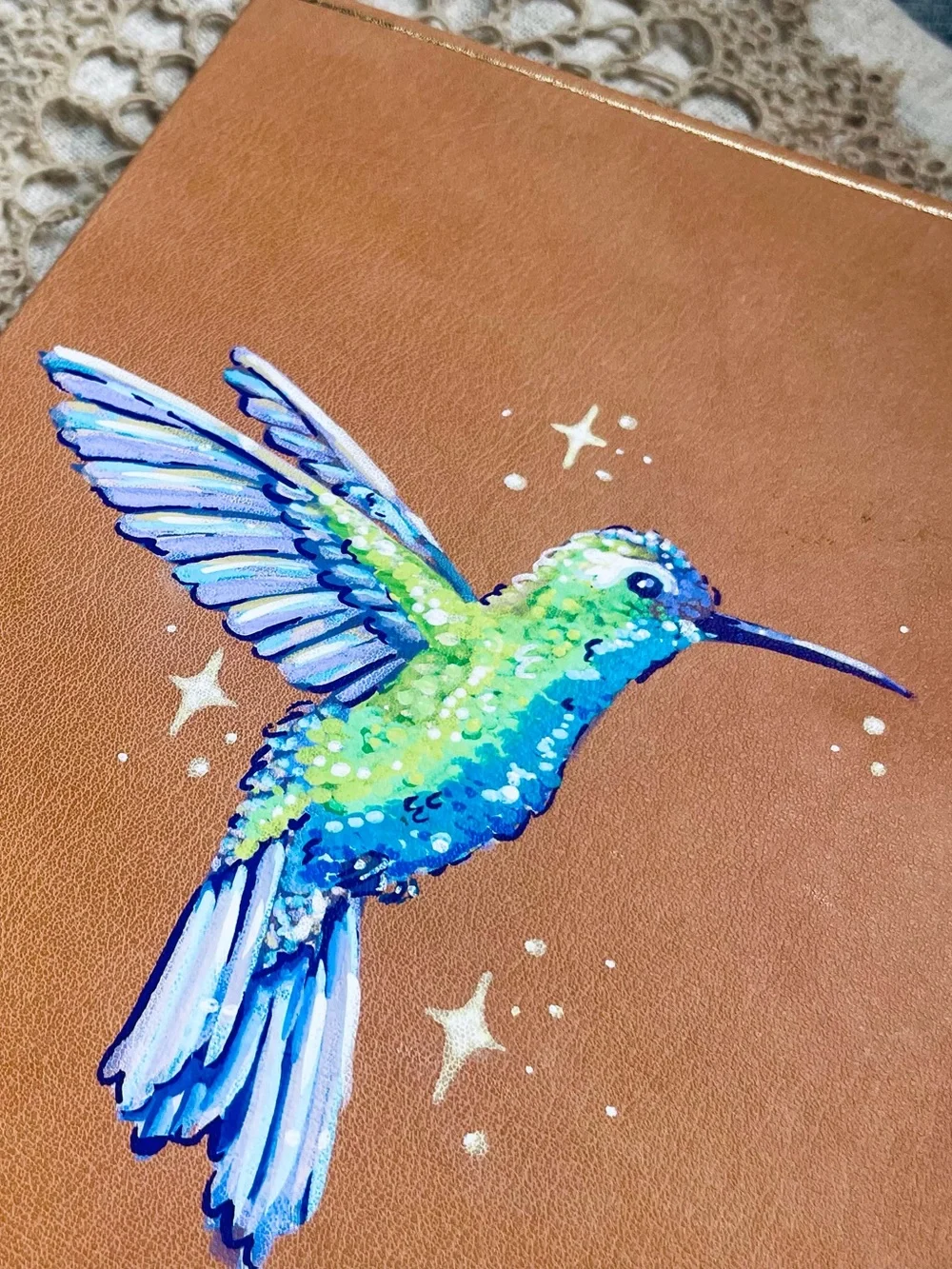 OOAK Papyrus Leather Journal Hand Painted Hummingbird Lined Notebook New